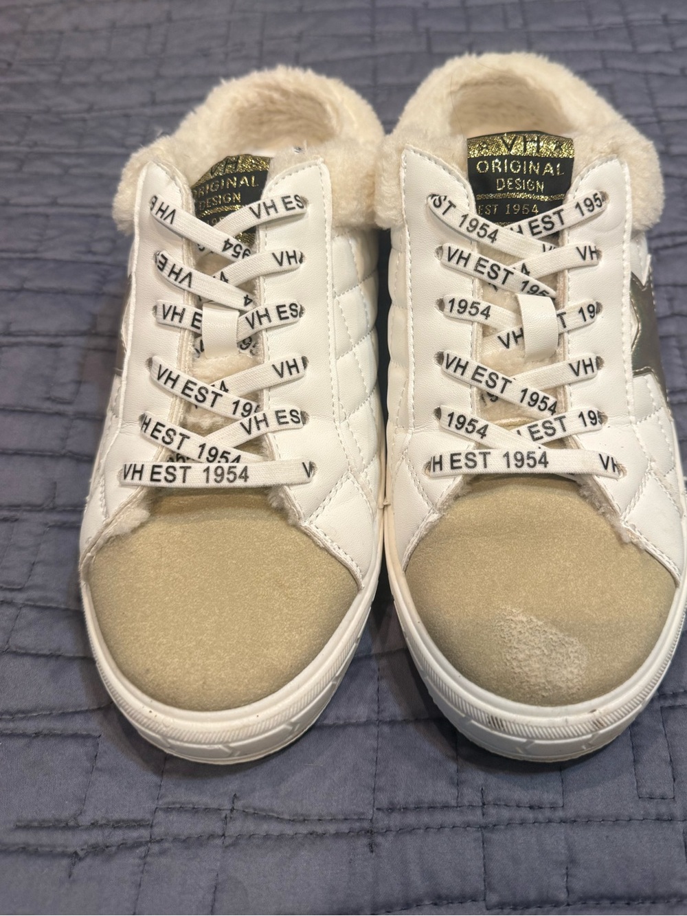 White Quilted Slip-On Sneakers with Metallic Gold Toe